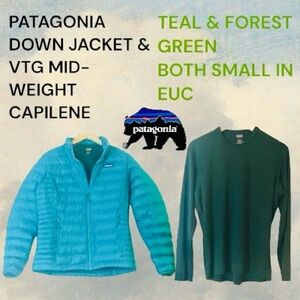 LOT OF 2 PATAGONIA WOMENS SMALL DOWN JACKET FULL ZIP & MID-WEIGHT CAPILENE CREW